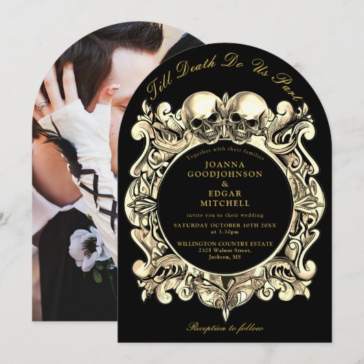 Till Death Gothic Blackと金ゴールド写真結婚の 招待状 (正面/裏面)