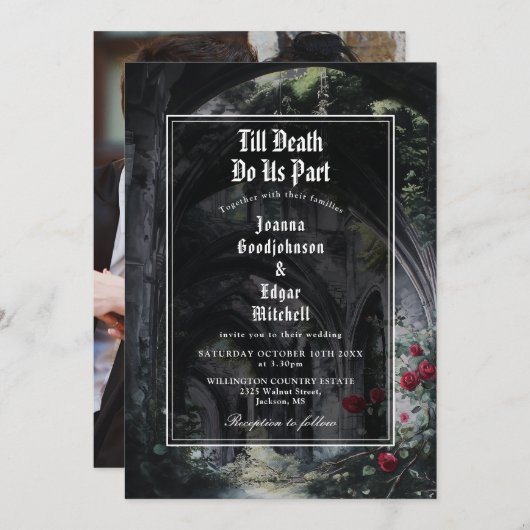 Till Death Gothic Ruins Roses Floral Photo Wedding 招待状 (正面/裏面)