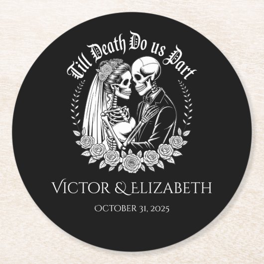 Till Death Gothic Skeleton Couple Black Wedding ラウンドペーパーコースター (正面)