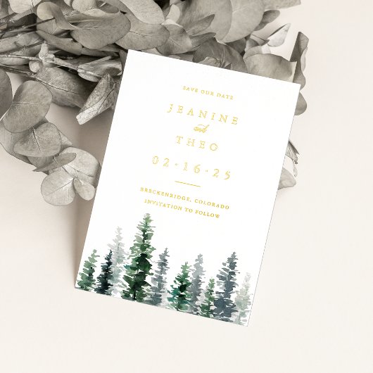 Timber Grove | 冬のSave the Date ゴールド 箔招待状