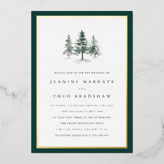 Timber Grove | Winter Pine Tree Wedding 箔招待状 (正面)
