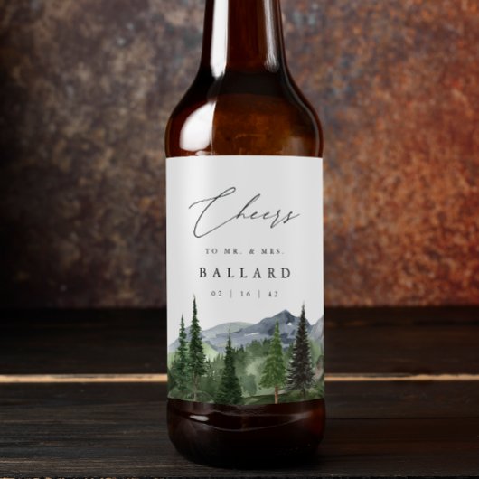 Timberline | 山の森の水彩画の結婚式 ビールラベル