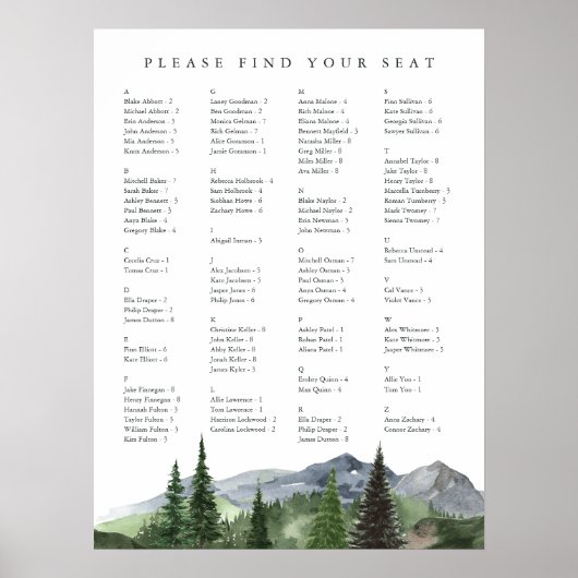 Timberline | Alphabetical Wedding Seating Chart ポスター (正面)