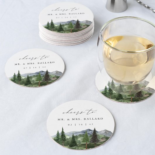 Timberline | Watercolor Mountain Forest Wedding ラウンドペーパーコースター