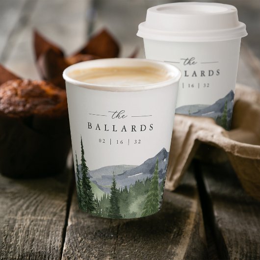 Timberline | Watercolor Mountain Forest Wedding 紙コップ