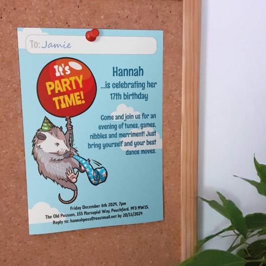 TIMEパーティーを追加する詳細Opossum Balloon 招待状