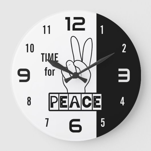 Time for Peace – Black & White Hand Design ラージ壁時計 (正面)