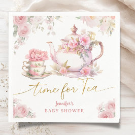Time for Tea Baby Shower Pink Floral Paper スタンダードカクテルナプキン