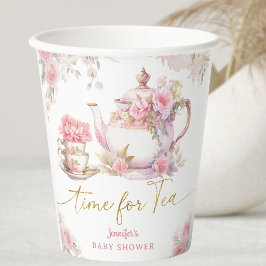 Time For Tea Baby Shower Pink Floral Paper 紙コップ