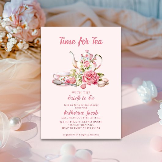 Time for Tea Pink Floral Tea Party Bridal Shower  招待状