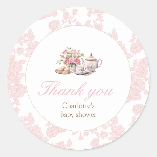 Time for Tea Pink Floral Toile Sticker ラウンドシール (正面)