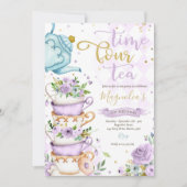 Time Four Tea パープル フローラル 4歳の誕生日 パーティー 招待状 (正面)