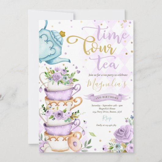 Time Four Tea パープル フローラル 4歳の誕生日 パーティー 招待状 (正面)