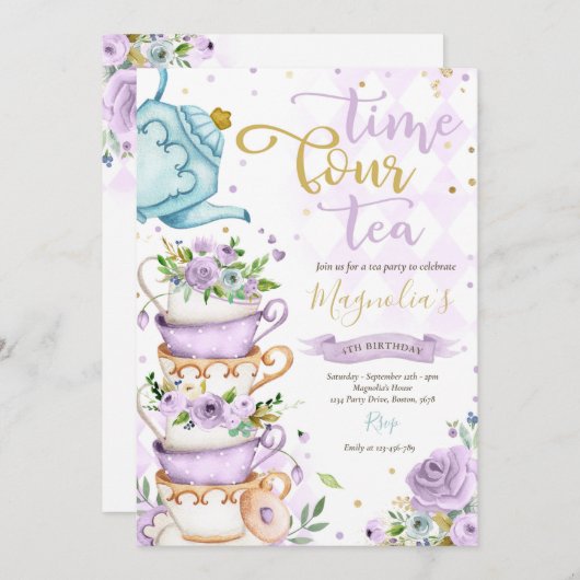 Time Four Tea パープル フローラル 4歳の誕生日 パーティー 招待状 (正面/裏面)