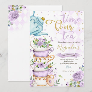 Time Four Tea パープル フローラル 4歳の誕生日 パーティー 招待状
