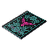 TIME TO FLY – エキゾチックなピンクの鳥/濃い青の花 ノートブック (左側)