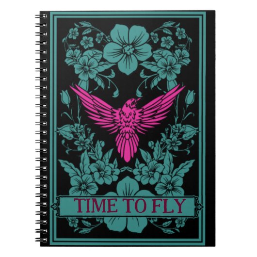 TIME TO FLY – エキゾチックなピンクの鳥/濃い青の花 ノートブック (正面)