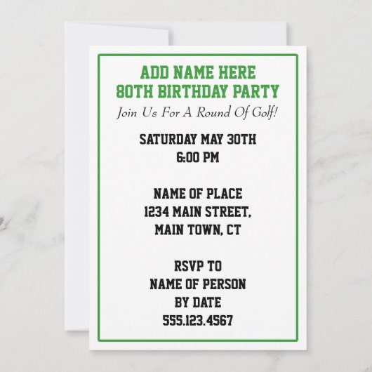 Time To Par-Teeゴルフ第80回誕生日パーティー招待状 招待状 (裏面)