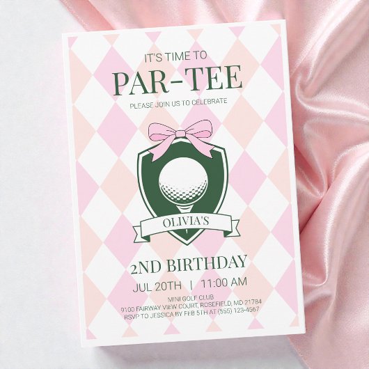 Time to Par-Tee Pink Girls Golf 2nd Birthday Party 招待状