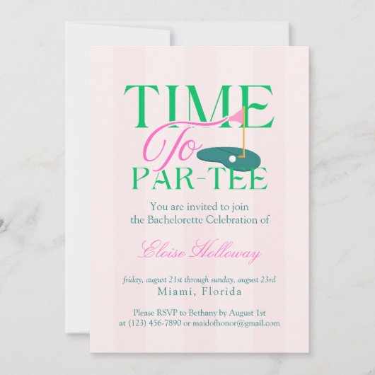 Time to Party Fun Golf Themed Bachelorette 招待状 (正面)