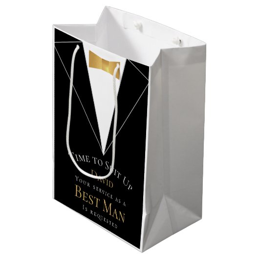 Time to Suit Up花婿介添人提案フェイク金ゴールドブラック ミディアムペーパーバッグ (正面アングル)