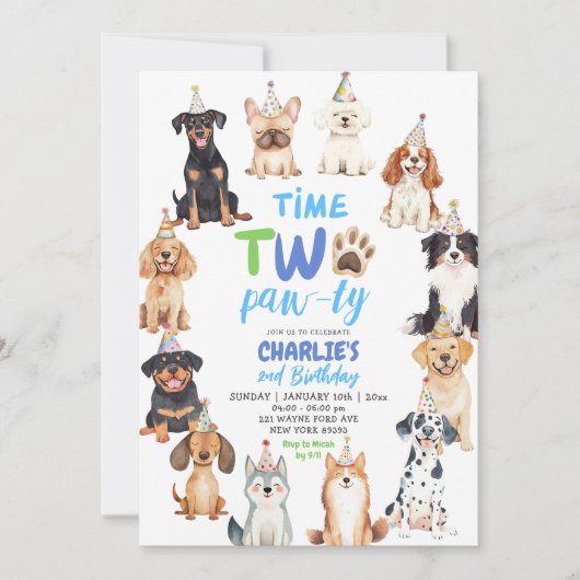 Time Two Pawty Dog Lovers Kids Second Birthday 招待状 (正面)