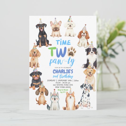 Time Two Pawty Dog Lovers Kids Second Birthday 招待状 (スタンド正面)