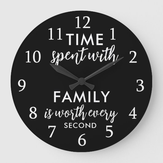 Time With Family Quote Typography Black And White ラージ壁時計 (正面)