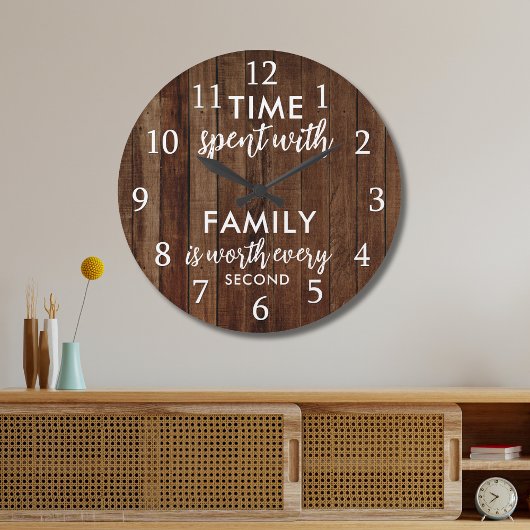 Time With Family Quote Typography Rustic Dark Wood ラージ壁時計