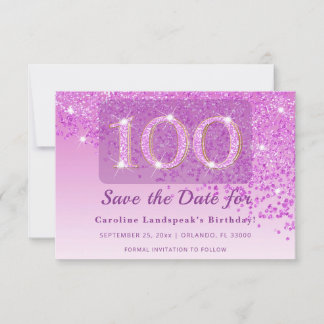 Timeless 100th Birthday Pink Glitter Frosted  セーブザデート