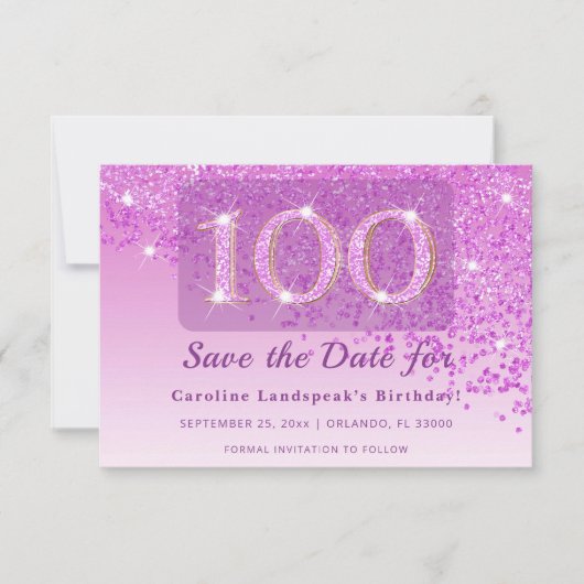 Timeless 100th Birthday Pink Glitter Frosted セーブザデート (正面)
