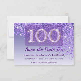 Timeless 100th Birthday Purple Glitter Frosted  セーブザデート