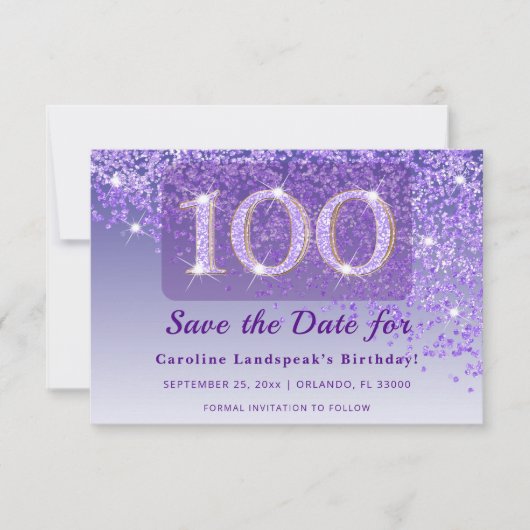 Timeless 100th Birthday Purple Glitter Frosted  セーブザデート (正面)