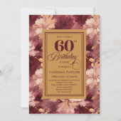Timeless 60th Birthday Burgundy Gold Floral Invite 招待状 (正面)