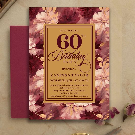 Timeless 60th Birthday Burgundy Gold Floral Invite 招待状