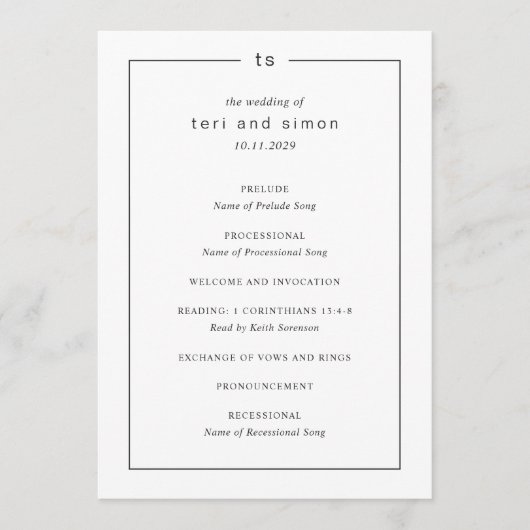 Timeless Black and White Monogram Modern Wedding プログラム (正面)