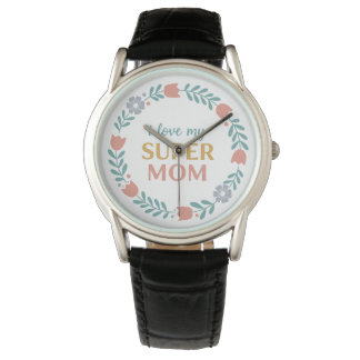 Timeless Black Leather I Love My Super Mom Watch 腕時計