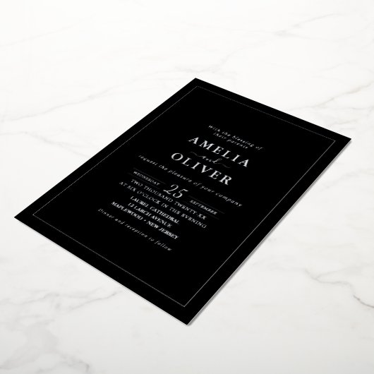 TIMELESS Black & Silver Minimalist Wedding Design 箔招待状 (回転した状態)