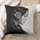 Timeless black white dramatic floral hair design クッション (ブランケット)