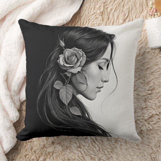 Timeless black white dramatic floral hair design クッション (ブランケット)