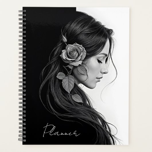 Timeless black white dramatic floral hair design プランナー手帳 (正面)