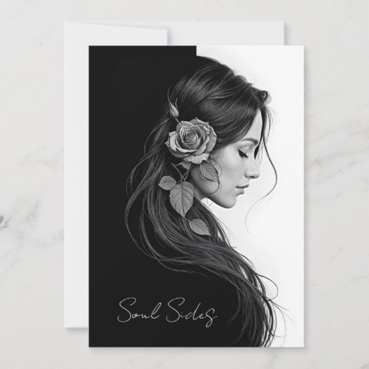 Timeless black white dramatic floral hair design 招待状 (正面)