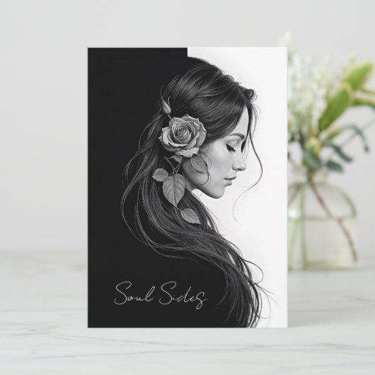 Timeless black white dramatic floral hair design 招待状 (スタンド正面)