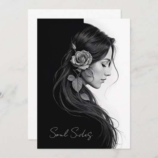 Timeless black white dramatic floral hair design 招待状 (正面/裏面)