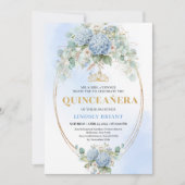 Timeless Blue Floral Gold Quinceañera Invitation 招待状 (正面)