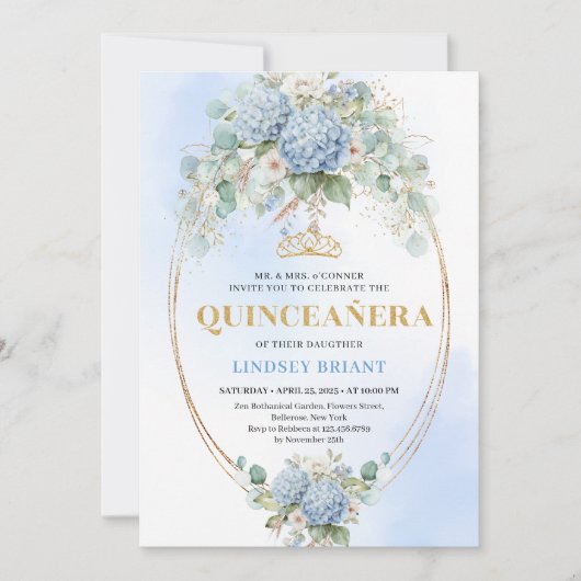 Timeless Blue Floral Gold Quinceañera Invitation 招待状 (正面)
