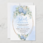 Timeless Blue Floral Gold Sweet 16 Birthday Invite 招待状 (正面)