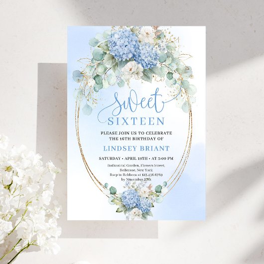 Timeless Blue Floral Gold Sweet 16 Birthday Invite 招待状