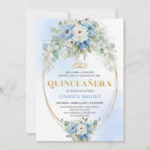 Timeless Blue Floral Quinceañera Invitation Gold 招待状 (正面)