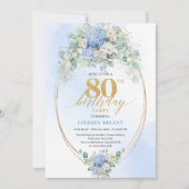 Timeless Blue Hydrangea Gold 80th Birthday Invite 招待状 (正面)